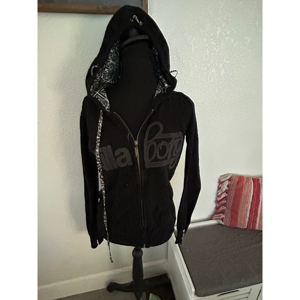 Billabong Womens Black Full Zip Hoodie Geometric Print Hood Lining Large Logo
